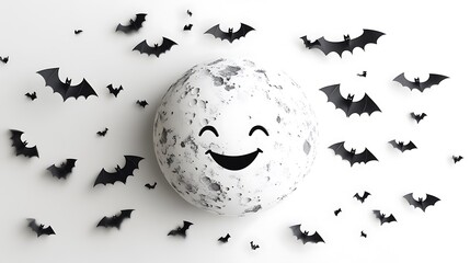 A smiling moon surrounded by bats against a white background.