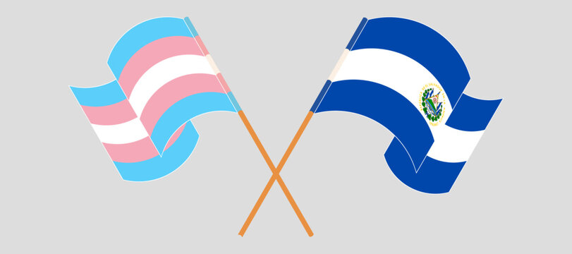 Crossed and waving flags of Transgender Pride and Republic of El Salvador. Vector illustration