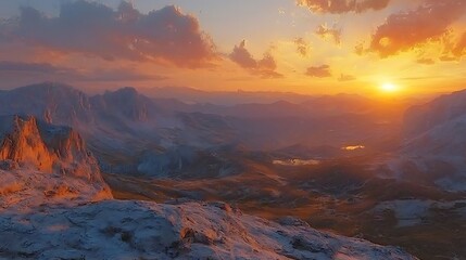 Naklejka premium A majestic mountain sunset fills the sky with dramatic clouds and golden light.