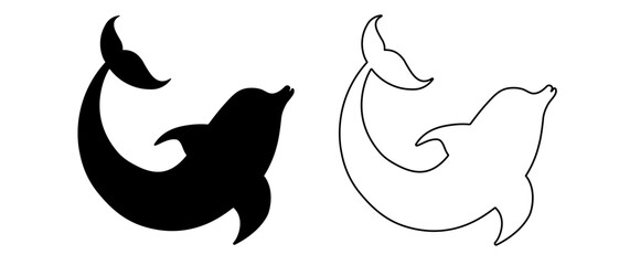 Two dolphin symbols. Abstract black and white dolphin silhouettes for tattoo. Emblem of fish.