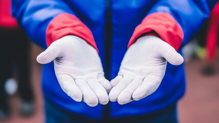With arms extended and palms facing up, an individual dressed in a vibrant blue jacket and white gloves stands outdoors, inviting interaction and connection under a soft morning light. Generative AI