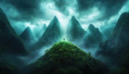 A lone traveler stands atop a misty mountain peak, a mystical cave glowing with ancient runes and ethereal light beckoning them deeper into the unknown