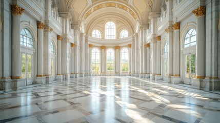 Fototapeta premium Spacious marble hall with towering columns, arched ceilings, and streaming sunlight