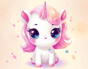 Adorable Cartoon Baby Unicorn Illustration with Pink and White Colors in a Magical Background - Perfect for Kids' Room Decor and Baby-Themed Designs