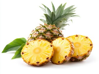 Vibrant Pineapple with Fresh Slices and Green Leaves on White Background