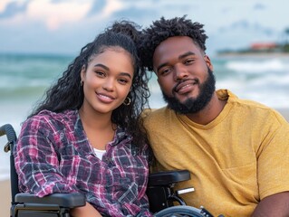 Couple in Wheelchair at the Beach, Sharing Joyful Moments, Love and Freedom, Disability Inclusion, Accessible Travel, Romantic Getaway, Beachside Romance, Wheelchair-Accessible Vacation, Accessible