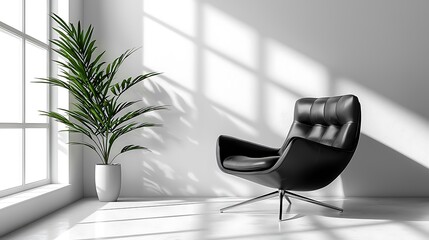 Fototapeta premium A sleek black leather armchair anchors a minimalist interior, softened by natural light.