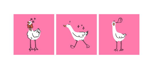 Set of funny geese. Trendy vector illustration.