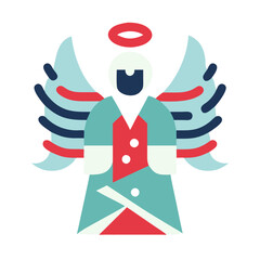A blue angel with red wings and a red cross on its chest. The angel is wearing a blue dress and a red vest