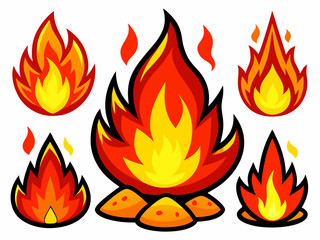 fire flames. Fireball flame, red hot fire and campfire fiery silhouettes vector set. Burning effect, dangerous natural phenomenon. Blazing wildfire