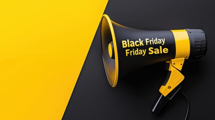 Close-up of a megaphone with "Black Friday Sale" text on it set against a bold black and yellow background