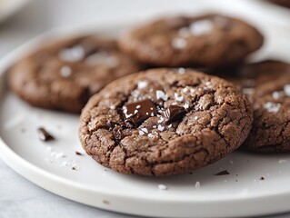 Fototapeta premium Freshly baked chocolate cookies with sea salt on a white plate, oozing warmth and nostalgia.