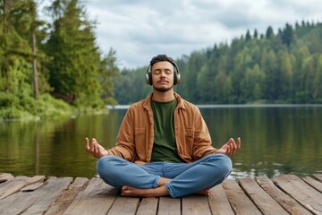 Mindfulness Meditation by the Lake Man in Headphones Finds Peace and Tranquility Surrounded by Nature's Serenity The Calm Waters Reflect the Tranquil State of Mind Achieved Through Meditation and