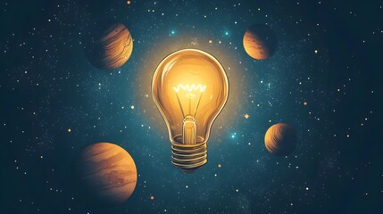 A light bulb glowing softly, hovering in the middle of a starry cosmos, with planets and distant stars surrounding it in a minimal flat design