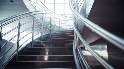 Low-angle shot of a metallic-finished staircase, emphasizing the sleek, modern design and the lavish surroundings of a high-end home