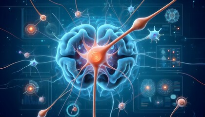 Synapse and neuron in 3D brain illustration. Explore neurotransmitter receptors and neural system function. Understand nervous anatomy and communication.