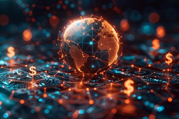 Glowing globe surrounded by digital mesh and dollar signs on dark blue tech inspired background