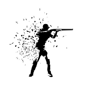 Trap shooting, aiming athlete with gun, isolated vector silhouette. Ink drawing