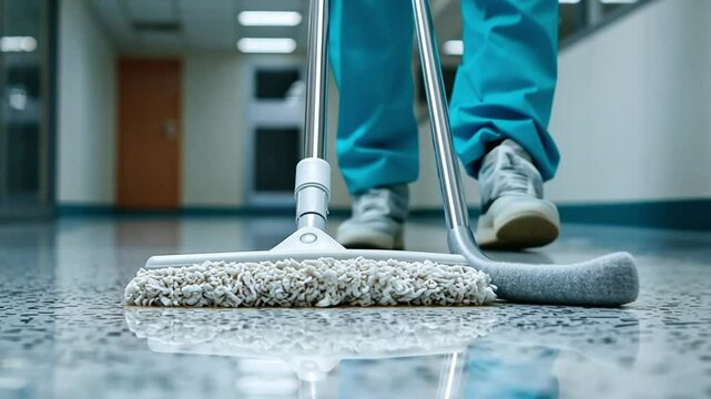 Close-up of a mop cleaning a floor in a hallway.