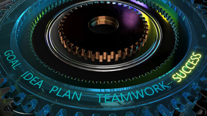 Goal idea plan teamwork success. Glass gears working in the machinery. Cogwheel metallic gears in a machine. Metalic glowing shining. 2