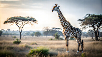 Obraz premium Giraffe standing tall in savanna at sunset with calm mood and copy space
