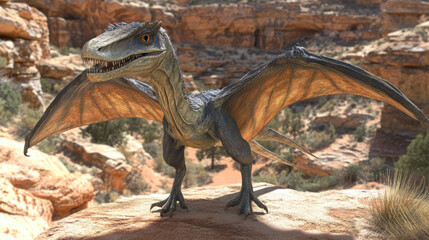 A highly detailed dinosaur, similar to a Pterosaur, standing on a rocky terrain, its wings slightly spread, displaying rough, reptilian sk