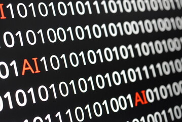  The image contains binary code lines with the words "ERROR" in red and "AI" in green. The contrast of colors indicates technological issues (error) alongside advancements in artificial intelligence