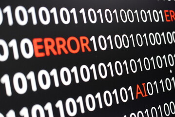  The image contains binary code lines with the words "ERROR" in red and "AI" in green. The contrast of colors indicates technological issues (error) alongside advancements in artificial intelligence