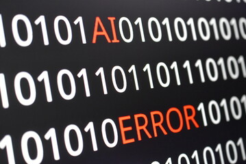  The image contains binary code lines with the words "ERROR" in red and "AI" in green. The contrast of colors indicates technological issues (error) alongside advancements in artificial intelligence