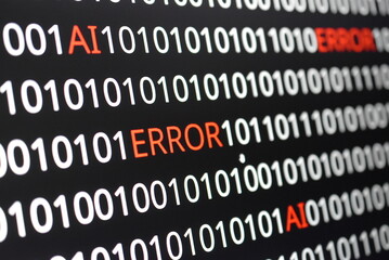  The image contains binary code lines with the words "ERROR" in red and "AI" in green. The contrast of colors indicates technological issues (error) alongside advancements in artificial intelligence
