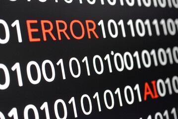  The image contains binary code lines with the words "ERROR" in red and "AI" in green. The contrast of colors indicates technological issues (error) alongside advancements in artificial intelligence