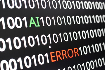 The image contains binary code lines with the words "ERROR" in red and "AI" in green. The contrast of colors indicates technological issues (error) alongside advancements in artificial intelligence 