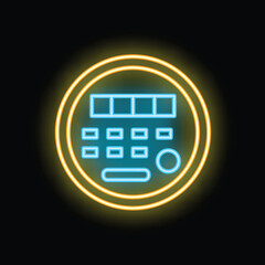 Glowing neon icon of a remote control, featuring buttons and a display, set against a dark background