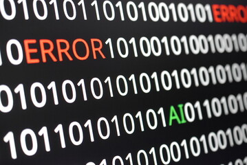 Binary Code and Artificial Intelligence: Progress and ChallengThe image contains binary code lines with the words "ERROR" in red and "AI" in green. The contrast of colors indicates technological isses