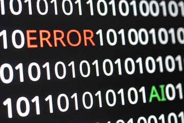 The image contains binary code lines with the words "ERROR" in red and "AI" in green. The contrast of colors indicates technological issues (error) alongside advancements in artificial intelligence 