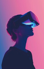 A young woman wearing vibrant purple and pink virtual reality goggles is immersed in a surreal underwater scene filled with flowing liquid neon colors. Ideal for showcasing innovation in technology.