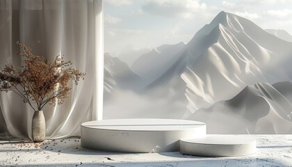 Minimalist White Podium with Mountain View