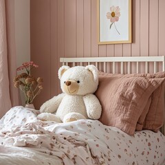 Cozy Pink-Themed Nursery with a Teddy Bear on the Bed, Perfect for a Little Dreamer