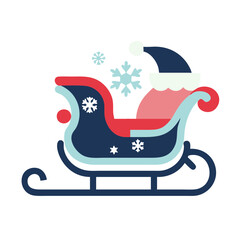 A blue and white sleigh with a red seat and a santa hat on top. The sleigh is decorated with snow and is ready for a ride