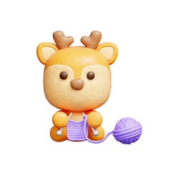 3D cute deer knitting, Cartoon animal character, 3D rendering.