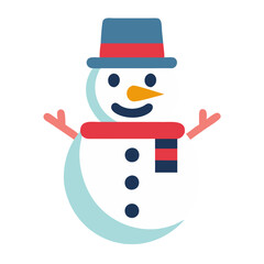 A cartoon snowman with a red scarf and a blue hat. He is smiling and holding his arms out