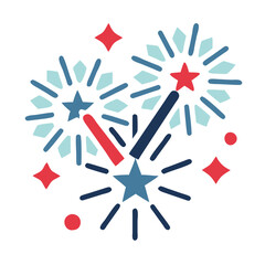 A firework display with two fireworks and two stars. The fireworks are red, white, and blue. Concept of celebration and excitement