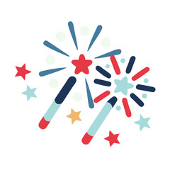 A firework display with two fireworks and a star. The fireworks are red, white, and blue