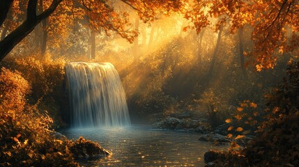 Forest in perpetual fall, with swirling leaves and shimmering waterfalls of light, glowing in the soft hues of a sunset