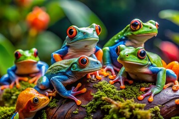 Naklejka premium Vibrant and Colorful Frogs in Their Natural Habitat Showcasing Nature's Unique Beauty and Diversity