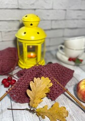 Cozy autumn photo with knitting, candle, light and cups, fall mood, leaves and berries 