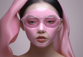 woman in pink mask with transparent sunglasses