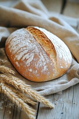 Freshly baked round loaf of bread resting on a linen cloth, displaying its rustic charm and delicious golden crust.