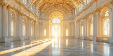 Obraz premium Spacious marble hall with towering columns, arched ceilings, and streaming sunlight