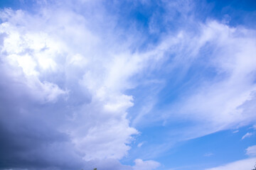 Clouds against the blue sky close-up. Changes in weather during the rainy season. Thunderclouds,...
